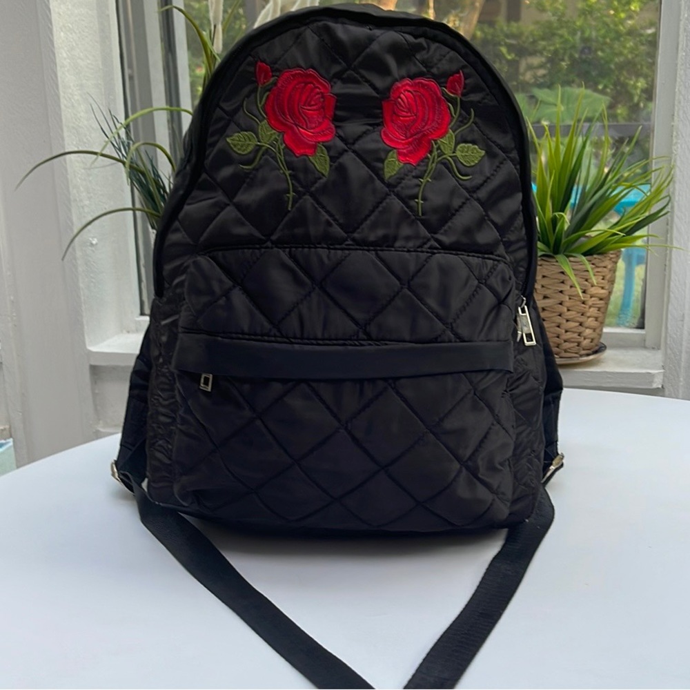 Embroidered Roses Black Quilted Backpack